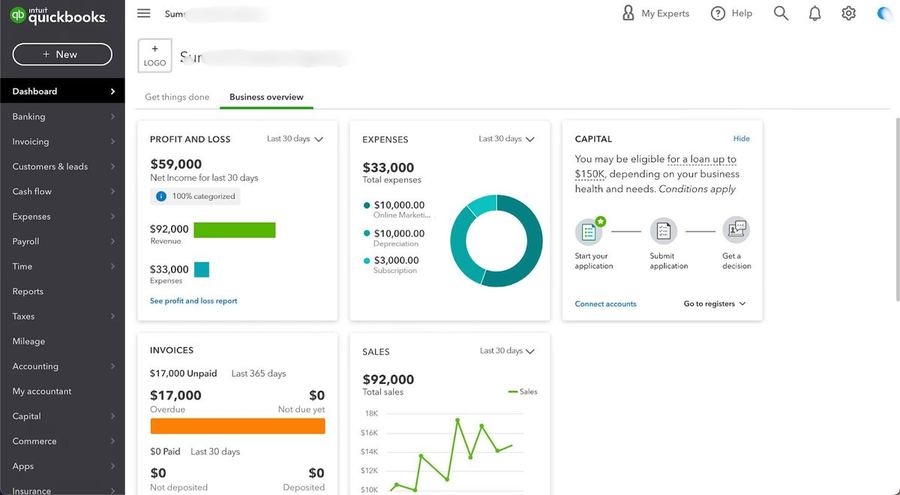 QuickBooks screenshot: $92K revenue